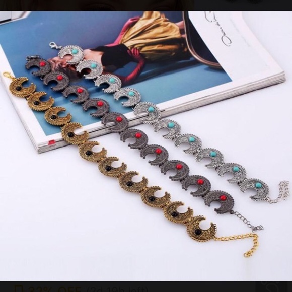 Crescent Moon, Gypsy Boho Choker Necklace NWT Silver & Turquoise, Gold & Black - Picture 7 of 7